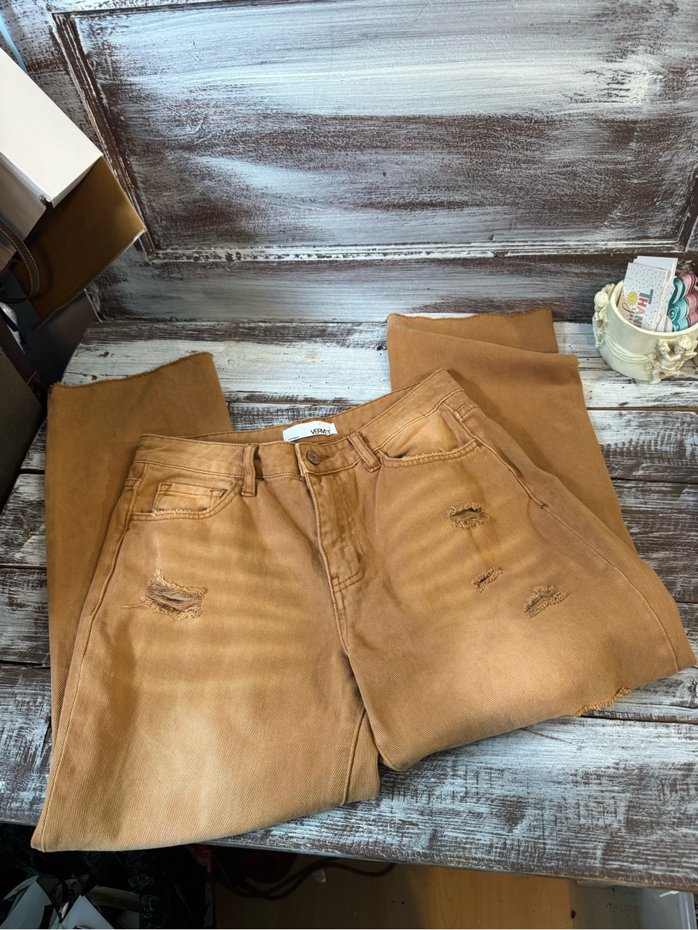 Vervet Women’s Distressed High-Waist Pants in Caramel